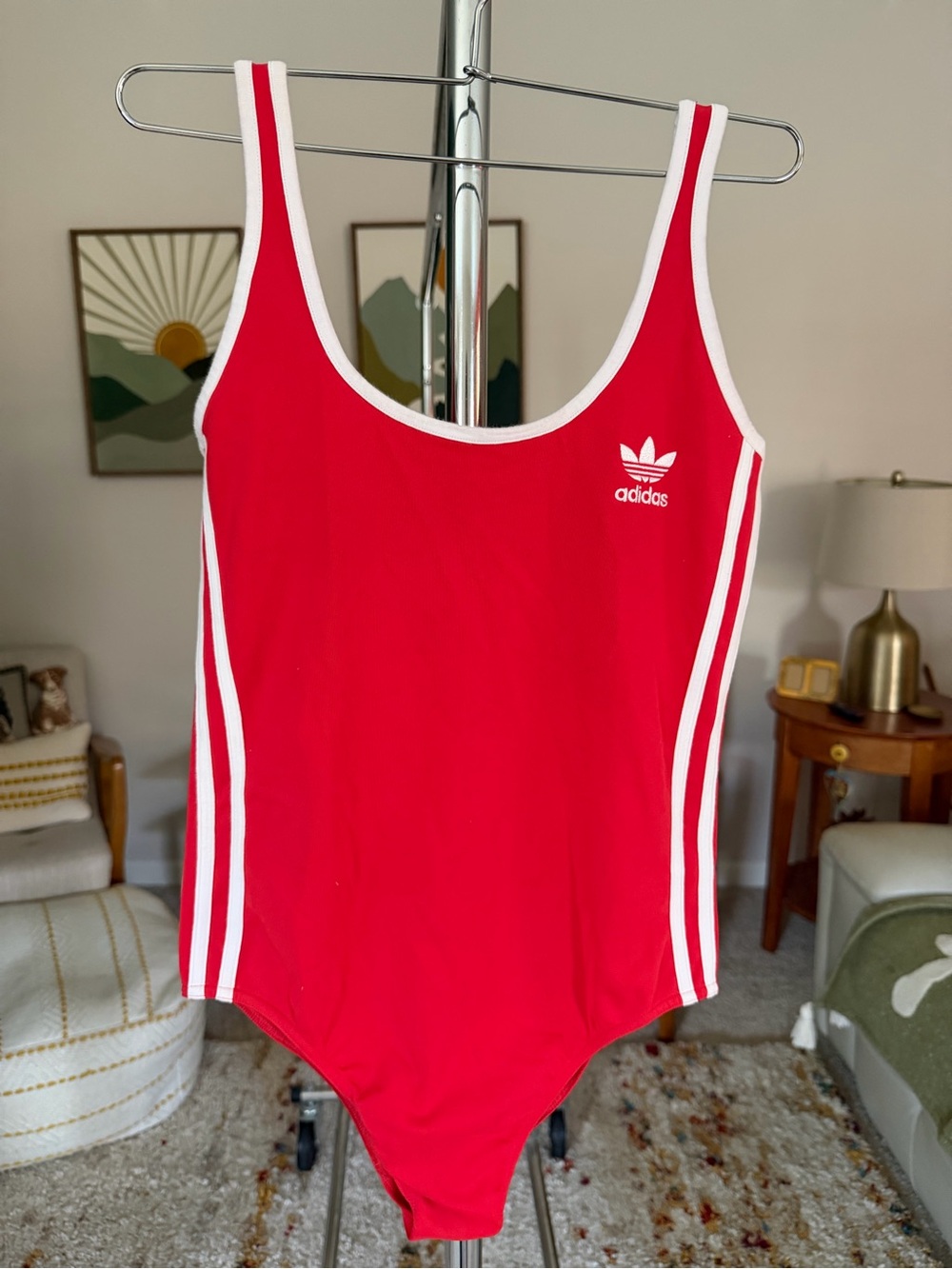 Adidas Retro Red Bodysuit with White Trim and Side Stripes Sz L